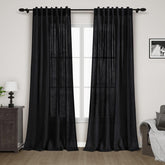 Nanspring black linen curtains with back tab create a tailored, elegant pleated look.
