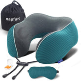 napfun neck pillow in teal stripes with travel pouch for easy packing