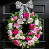 NaturaWre spring wreath with pink peonies enhances curb appeal for spring