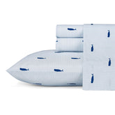 Nautica twin size sheet set in whale stripe blue with crisp percale weave.