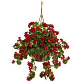 Nearly Natural 6857-RD geranium hanging basket, full view, UV resistant for indoor or outdoor decor.