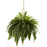 Nearly Natural Giant Boston Fern hanging basket; lush greenery for indoor decor.