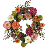 Nearly Natural 24in Peony Wreath on front door adds vibrant curb appeal
