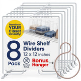 Neatly Made white wire shelf dividers on a closet shelf for organized storage.