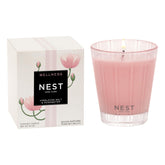 NEST New York Himalayan Salt Rosewater candle glass vessel creates a calming living room glow.