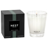 NEST New York Indian Jasmine candle in glass vessel delivers a clean burn ambiance.