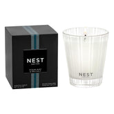 Nest New York Ocean Mist & Sea Salt candle in frosted glass vessel, ideal for calming spaces.