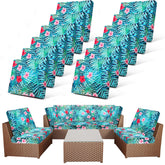 Newwiee twelve-piece patio cushion cover with colorful palm leaf pattern protects outdoor cushions