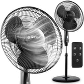 NEXAIR 16-inch oscillating pedestal fan cools a living room evenly.