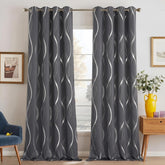 NICETOWN grey blackout curtains featuring a silver striped wave pattern for living room privacy.
