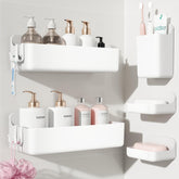 Nieifi adhesive wall shelf white bathroom setup with baskets keeps essentials organized.