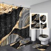 Nkzply black marble shower curtain draped to elevate style and quick-dry performance.