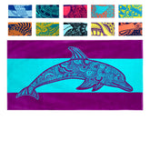 Nova Blue Dolphin Beach Towel design featuring a tropical dolphin on purple and blue stripes for beach days.