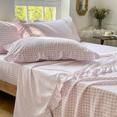 NSNLGSGC pink gingham ruffle queen sheet set for cozy farmhouse bedroom