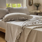 NSNLGSGC tan gingham ruffle king flat sheet for all-season comfort