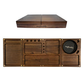 Nugbuddy wooden rolling tray with 3-in-1 folding lid for quick setup and storage