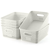 NUMIFUN Plastic Storage Baskets 6 Pack on a shelf maximizes space and order.