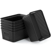 NUMIFUN plastic storage basket 6-pack on shelf keeps items neatly organized and easy to reach.