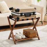 Oakvivo fully assembled luggage rack with walnut finish, ready to organize guest suitcases.