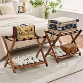 Oakvivo walnut luggage rack set, fully assembled, ready for guest room use.