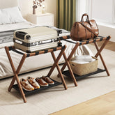 Oakvivo walnut luggage rack fully assembled for effortless setup and guest-ready organization