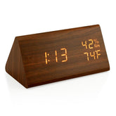 OCT17 wooden alarm clock front view with warm LED display for bedside visibility