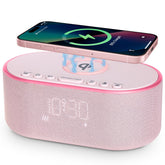 Odokee alarm clock radio with wireless charging on the pink front panel for clutter-free bedside charging.