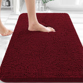 OLANLY burgundy chenille bath rug with plush texture for cozy feet and quick drying.