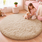 OLANLY beige round rug 4ft circle adds cozy bedroom style.
