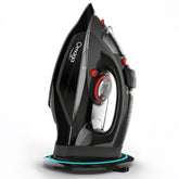 OMAIGA cordless iron on base dock showing easy docking for quick setup
