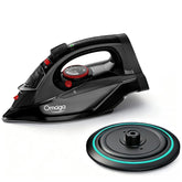 OMAIGA cordless iron base dock view showing quick reheat in 25 seconds.