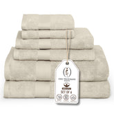 One Thousand Reasons premium cotton bath towel set in beige with stripe detail, plush and absorbent.