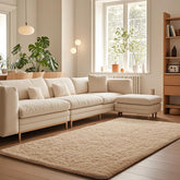 Ophanie beige 5x8 shag rug with ultra-soft pile for living room comfort.