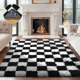 Ophanie checkered black and white rug with fluffy texture for cozy living spaces