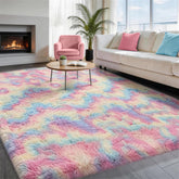 Ophanie Rainbow Rug in a cozy bedroom with unicorn colors for kids' play