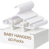 Oppeeye nursery hangers with clips in white 60-pack display keeps baby outfits organized.