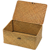 ORDELITE wicker storage basket with lid keeps items organized and accessible.