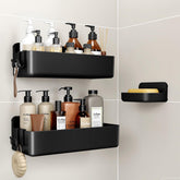 Orimade 3-pack shower caddies on tiled wall using adhesive pads for space saving.