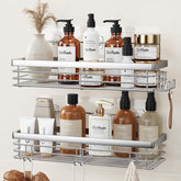 Orimade shower caddy with five hooks for organized bathroom storage.