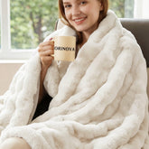 ORINOVA Light Beige Cozy Faux Fur Throw close-up shows plush texture and softness for cozy evenings.