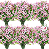 Ouddy Decor pink outdoor artificial flowers in a 24-bundle set for patio decor.