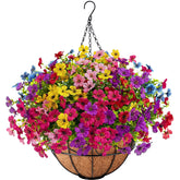 Ouddy Decor artificial hanging flowers with basket viewed from the front for year‑round outdoor decor.