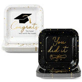 OuMuaMua 2026 black-gold square plates elevate a classy graduation tablescape.