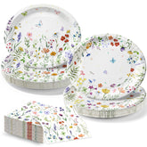 OuMuaMua wildflower plates set for a 100-guest garden party with two floral designs