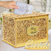OurWarm gold wedding card box with glitter finish secures guest cards at the reception.