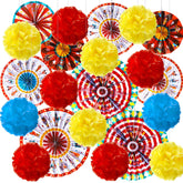 Outus carnival paper fans in three sizes add festive ceiling decor.