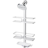 OXO Good Grips 3-Tier Aluminum Shower Caddy front view with spacious shelves for tall bottles