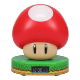 Paladone Super Mario Mushroom alarm clock glows softly at night for easy bedtime wakeups.