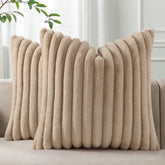 Pallene faux fur plush throw pillow cover with stripe side adds cozy sofa style.