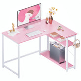 Pamray 43-inch L-shaped desk with pink legs, front view, ample space for printers and monitors